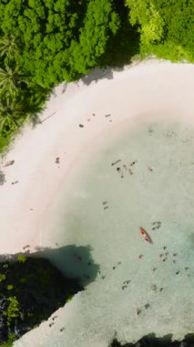 Saklı Kumsal 'ın beyaz kumlu üst manzarası. Matinloc Adası. El Nido, Palawan. Filipinler. Dikey görünüm.