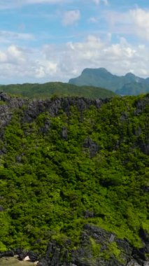 Beyaz kumlu plaj ve Matinloc Adası 'ndaki kireçtaşı kayaları. El Nido, Palawan. Filipinler. Dikey görünüm.