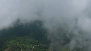 Yeşil ormanı bulutlarla kaplı tropik bir dağ. Mindanao, Filipinler. Çevresel konsept. Yukarıdan drone görünümü.