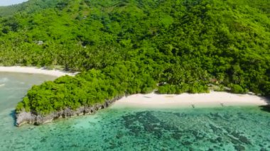Cobrador Adası 'nda saydam deniz suyu ve mercanlar. Romblon, Filipinler 'deki beyaz plaj.