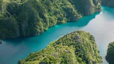 Su altı kaya oluşumları, mağaralar ve adacıkları olan Kayangan Gölü. Coron, Palawan. Filipinler.