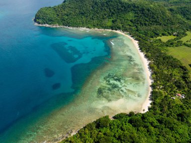 Şeffaf deniz suyu ve dalgalar beyaz kumsala çarpıyor. El Nido, Palawan. Filipinler.