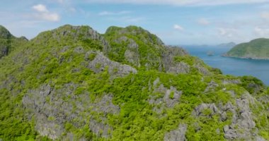 Çok güzel kaya oluşumları ve yeşillik bitkileri olan bir dağ. Matinloc Adası. El Nido, Palawan. Filipinler.