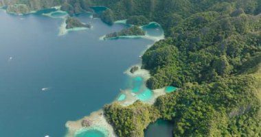 Coron, Palawan 'da mercan ve tekneli göl manzarası çok güzel. Filipinler.
