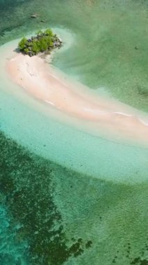 Güzel kumlu sahil manzarası ve mercanlı turkuaz deniz. Millari Adası. Mindanao, Filipinler. Dikey görünüm.