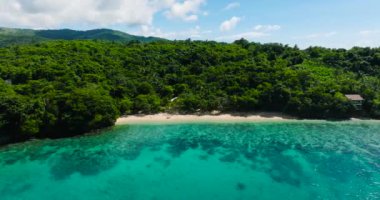 Talipasak Sahili 'ndeki beyaz kumlu sahil manzarası ve turkuaz su. Romblon, Romblon. Filipinler.