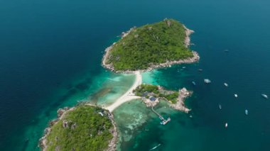 Beyaz kumsal ve turkuaz suyla çevrili verimli bitki örtüsü olan küçük bir tropikal ada. Nang Yuan, Koh Tao, Tayland.
