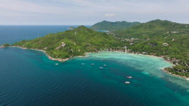 Yeşilliklerle çevrili ve küçük teknelerle benekli büyük bir turkuaz koy. Koh Tao, Tayland.