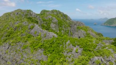 Çok güzel kaya oluşumları ve yeşillik bitkileri olan bir dağ. Matinloc Adası. El Nido, Palawan. Filipinler.