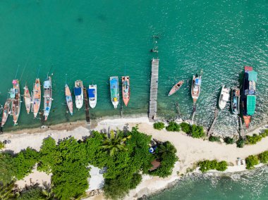 Turkuaz suyla çevrili yemyeşil bir ada ve üzerinde açık gökyüzü olan kayalık kıyı şeritleri. Koh Samui, Tayland.