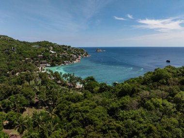 Kıyı manzarası, tropik yeşillik, berrak turkuaz su ve güneşli bir gökyüzünün altında sakin bir okyanus. Koh Tao, Tayland.