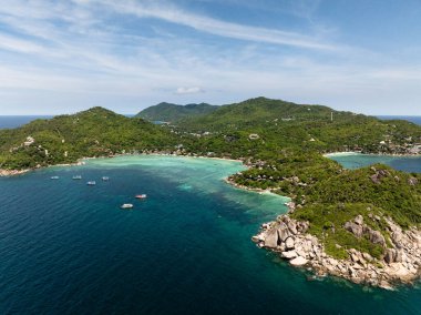 Turkuaz su ve yemyeşil çevreden oluşan canlı tropikal kıyı manzarası. Koh Tao, Tayland.