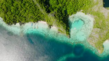 Berrak sularda turist botları ve yemyeşil göllerle çevrili gölcükler. Coron, Palawan, Filipinler 'de güneş ışığı yansıyan turkuaz sular. 5 bin..