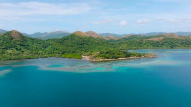 Yoğun bitki örtüsü toprağı kaplıyor, mercanlar tropikal adanın etrafını sarıyor. Coron, Palawan, Filipinler.