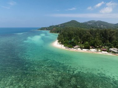 Ormanlı arka planı olan tenha bir sahil ve berrak gökyüzünün altına uzanan turkuaz suları. Ko Pha Ngan, Tayland.