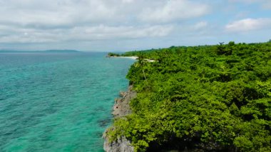 Canlı tropikal suların üzerinde kayalık bir kayalık yamaç boyunca yemyeşil ağaçlar büyüyor. Carabao Adası, Romblon. Filipinler.