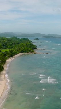 Turkuaz deniz suyu ve dalgalar. Ağaçlı sahil şeridi ve beyaz kumlu plaj. Santa Fe, Tablas, Romblon. Filipinler. Dikey görünüm.