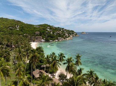 Yeşilliğe gömülü bir sahil köyü sakin bir turkuaz bölmeye bakıyor. Koh Tao, Tayland.