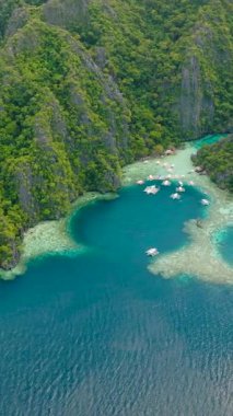 Coron, Palawan 'daki kireçtaşı kayaları lagünlerle çevrili. Filipinler. Dikey görünüm.
