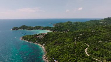 Okyanus körfezini çevreleyen ormanlık yamaçlar ve turkuaz suyla kaplı tepe kıyısı. Koh Tao, Tayland.