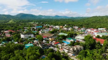 Mangrovlu, yemyeşil yemyeşil ve arka planda dağlar olan kıyı sularının manzarası. Looc, Tablas, Romblon, Filipinler.