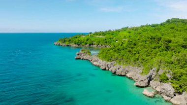 Tropikal bitki örtüsü ve barışçıl bir çevreyle çevrili turkuaz suları olan kayalık kıyı şeridi. Carabao Adası, Romblon, Filipinler.