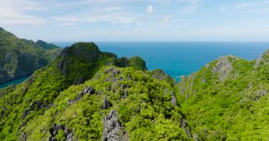 Çok güzel kaya yapıları olan bir dağ. Matinloc Adası. El Nido, Palawan. Filipinler. 5 bin..