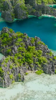 Temiz su ve lagünlerle çevrili kireçtaşı kayaları olan bir ada. İkiz Göl. Coron, Palawan. Filipinler. Dikey görünüm.