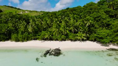 Hindistan cevizi ağaçlarıyla kaplı ve kristal berrak suyla çevrili çarpıcı bir tropikal plaj. Tiamban, Romblon, Filipinler.