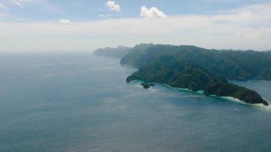 Orman dağları canlı yeşil tonlarıyla canlıymış gibi görünüyor. Adanın etrafındaki mavi deniz. Coron, Palawan, Filipinler.