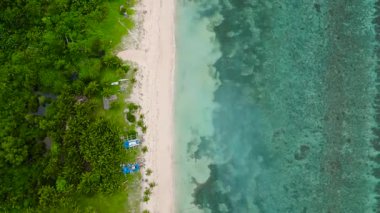 Beyaz kumlu sahil manzarası ve berrak turkuaz sular. Carabao Adası, Romblon, Filipinler.
