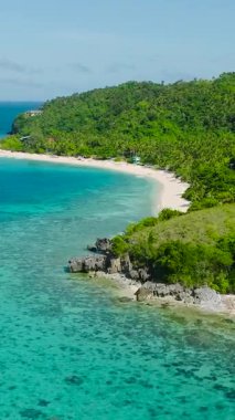 Şeffaf suyla kumsalın insansız hava aracı görüntüsü. Cobrador Adası. Romblon, Filipinler. Dikey görünüm.