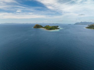 Kumsalı ve palmiye ağaçları olan bir ada. Coron, Palawan 'daki Dimanglet Adası. Filipinler.