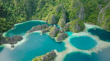 Yeşil Göl ve Turist tekneleri ve kireçtaşı kayaları olan İkiz Göl manzarası. Coron, Palawan, Filipinler.