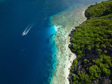 Mavi denizin üstünde bir tekne. El Nido, Palawan 'daki Tropikal Ada. Filipinler.