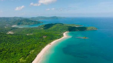 Nacpan Sahili 'ndeki hindistan cevizi palmiyeleriyle birlikte el değmemiş sakin bir sahil. Kıyılardaki açık okyanus dalgaları. El Nido, Palawan, Filipinler.