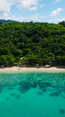 Talipasak Sahili 'ndeki beyaz kumlu sahil manzarası ve turkuaz su. Romblon, Romblon. Filipinler. Dikey görünüm.