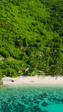 Beyaz sahilde tekneleri ve turkuaz suyu olan Cobrador Adası. Romblon, Filipinler. Dikey görünüm.