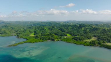 Bereketli yeşillik, sakin sular ve berrak güneşli bir gökyüzünün bulunduğu tepelik tropikal bir manzara. Tablolar Adası, Romblon, Filipinler.