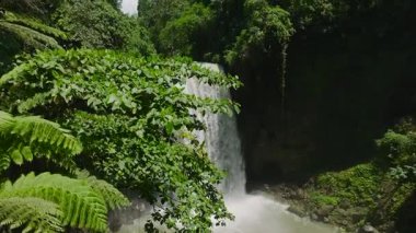 Tropikal bir ormanda şelale. Hikong Alo Şelalesi 'nin hava araştırması. Sebu Gölü. Mindanao, Filipinler. Seyahat kavramı.