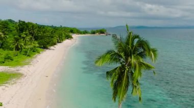 Kumsalda yeşil deniz suyu ve mercanlar. Mavi gökyüzü ve bulutlar. Carabao Adası. San Jose, Romblon. Filipinler.
