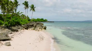 Beyaz kumsalda hindistan cevizi ağaçları ve Carabao Adası 'nda berrak okyanus dalgaları. San Jose. Romblon, Filipinler.