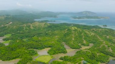 Santa Fe, Tablas, Romblon 'da yağmur ormanları, tarım alanları ve gölü olan bir dağ. Filipinler.