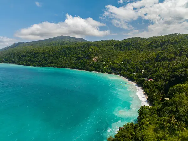 Şeffaf turkuaz su ve güneş ışığı yansımalı beyaz plaj. Samal Adası. Davao, Filipinler.