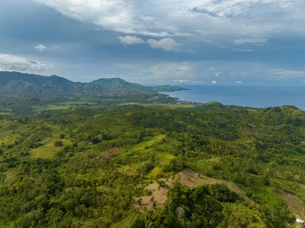 Ormanı ve yeşil bitkileri olan tropik bir dağ. Mavi gökyüzü ve bulutlar. Mindanao, Filipinler.