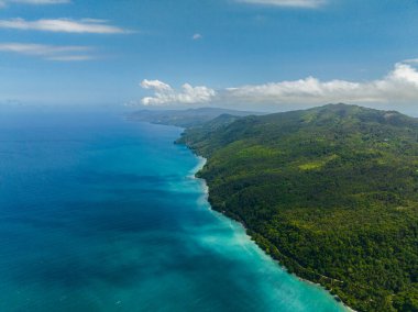 Yeşil ormanı ve ormanı olan tropik bir ada. Mavi deniz ve dalgalar. Samal Adası. Davao, Filipinler.
