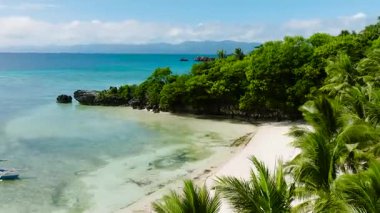 Temiz su üzerinde tekne ve Cobrador Adası 'nda hindistan cevizi ağaçları olan tozlu beyaz kumsal. Romblon, Filipinler.