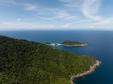 Parlak bir gökyüzünün altında berrak mavi okyanusla çevrili yoğun yeşillikleri olan tropik bir ada. Tayland, Koh Tao.