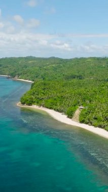 Santa Fe 'de tropik beyaz kumlu plajlar. Mavi gökyüzü ve bulutlar. Masalar, Romblon. Filipinler. Dikey görünüm.