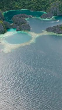 Coron, Palawan 'daki göllerde tekneler dolanıyor. Filipinler. Dikey görünüm.